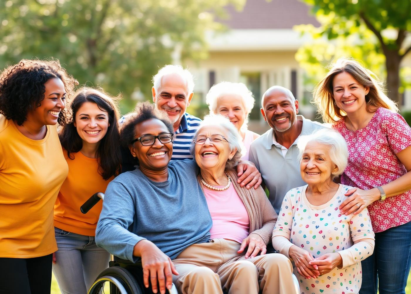 Diverse families and caregivers smiling together outdoors